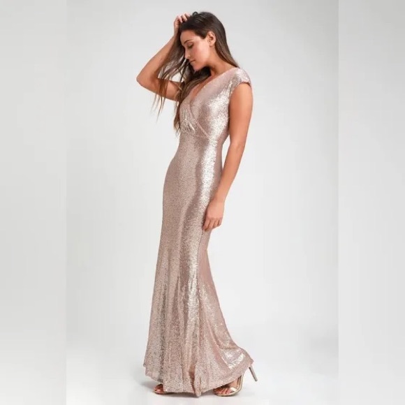 Lulu’s Floor Length Gold Sequin Dress - Picture 7 of 8